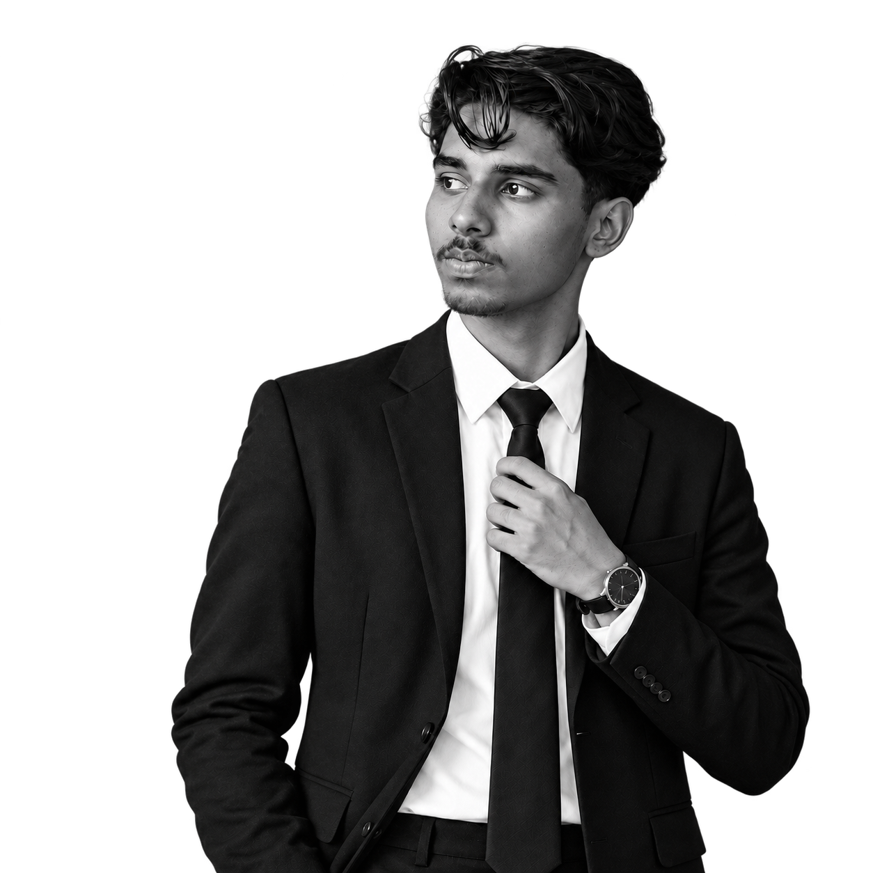 Gokul Krishna in a suit, looking to the left