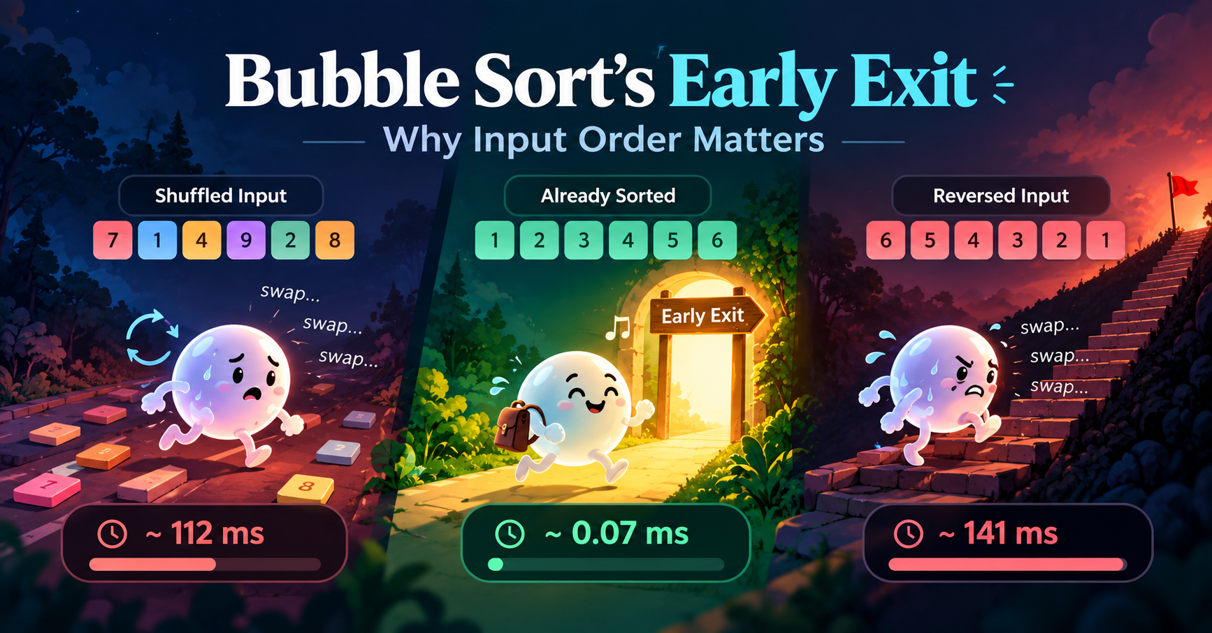 Illustrated comparison of Bubble Sort on shuffled, sorted, and reversed inputs, highlighting the early exit for sorted input